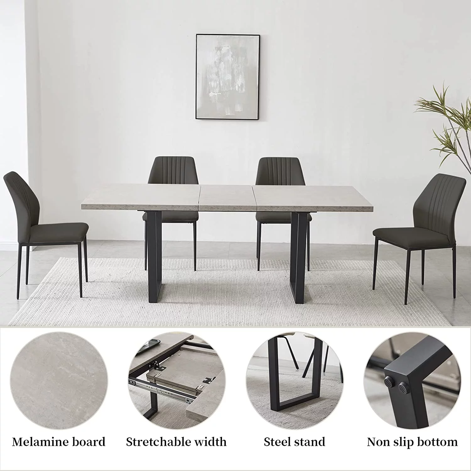 Perfect Modern Mid-Century Dining Table Set for 6-8 People Kitchen Dining Room Table Set Extendable Solid Wood Dining Table and 6 Upholstered Chairs