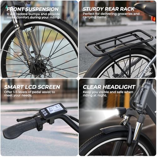 Electric Bike for Adults, 1000W Peak EBike, 50 Miles 21.7MPH Adult Electric Bicycles with 48V Built-in Removable Battery, Adjustable Stem, Rear Rack