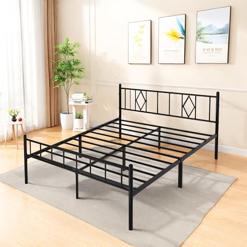 Full Size Bed Frame, 14 Inch Metal Platform Bed with Iron-Art Headboard & Footboard, Classic Bed Frame with Heavy Duty Metal Slats Support