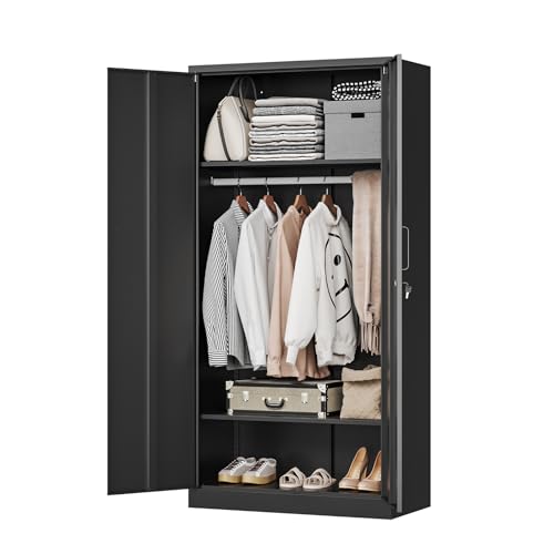 MIIIKO Steel Cabinet Wardrobe, Metal Locker Cabinet with Hanging Rod, Metal Clothing Locker Storage for Home, Office, Garage and Changing Room