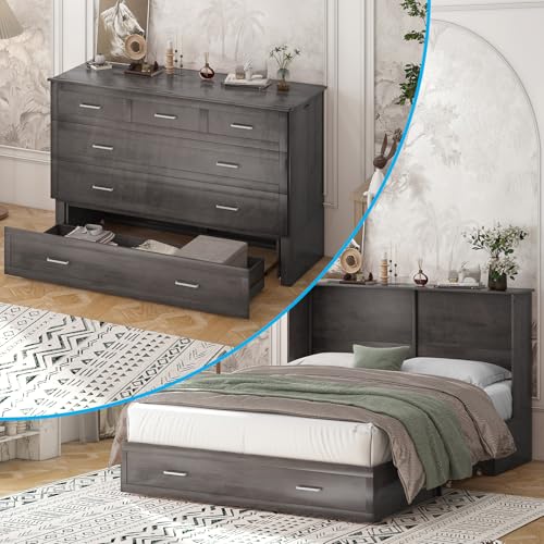Mjkone Queen Size Cabinet Murphy Bed with Tri-Fold Mattress, Modern Multipurpose Wall Cabinet Chest Bed