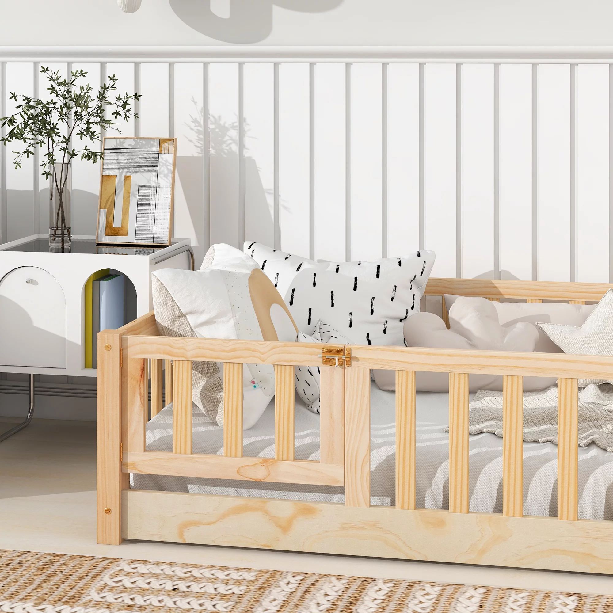 PAPROOS Twin Floor Bed Frame for Toddler, Wood Platform Bed with Wooden Slats, Fence and Door