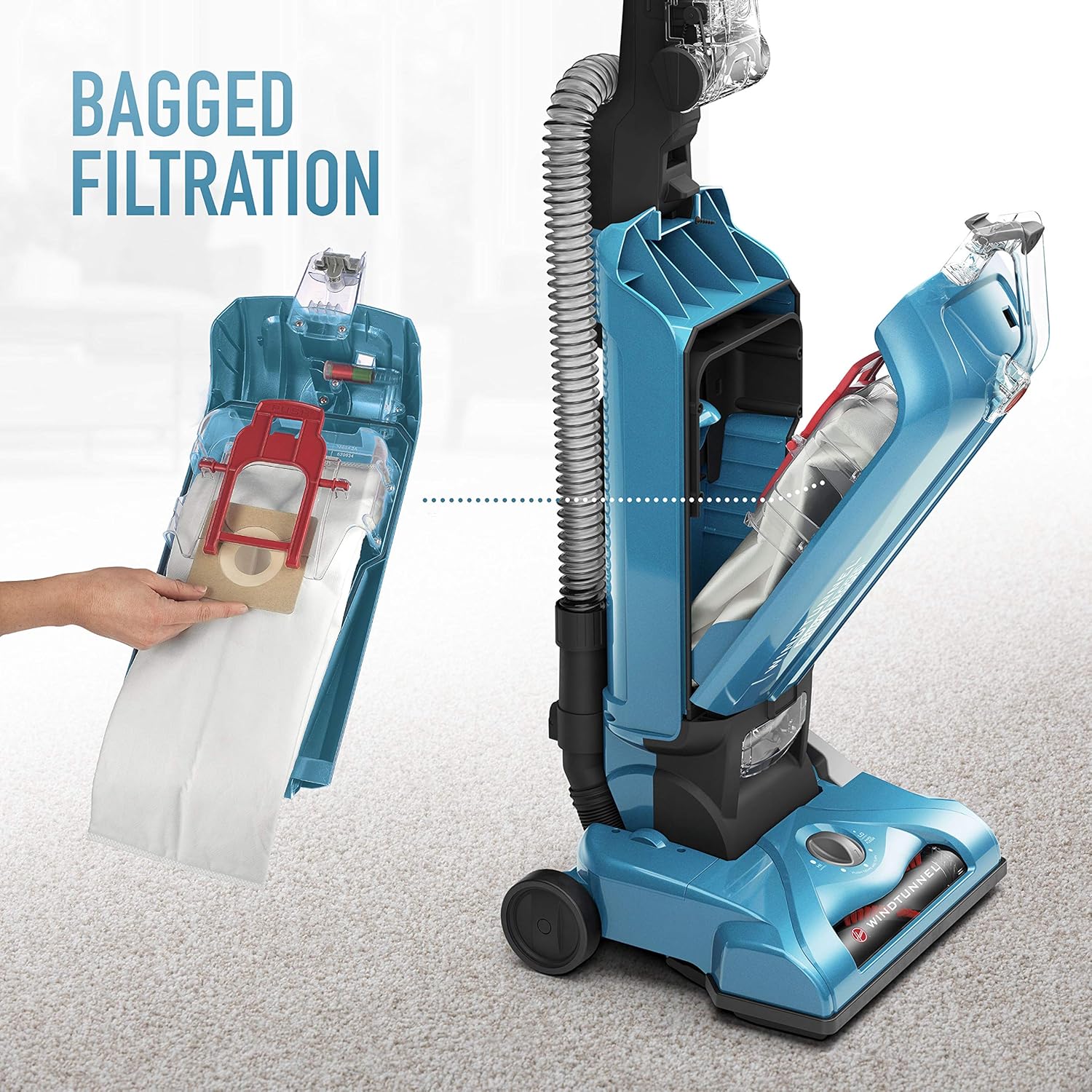 Hoover WindTunnel T-Series Tempo Bagged Upright Vacuum Cleaner with HEPA Media Filter, For Carpet and Hard Floor, UH30301, Blue