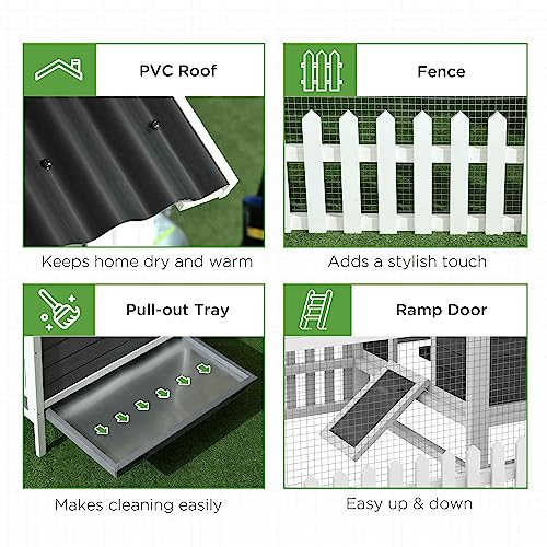 PawHut Wooden Chicken Coop with Run for 3-4 Chickens, Hen House with Nesting Box, Removable Tray, Fence, Outdoor Poultry Cage, 68" x 59" x 42", Gray