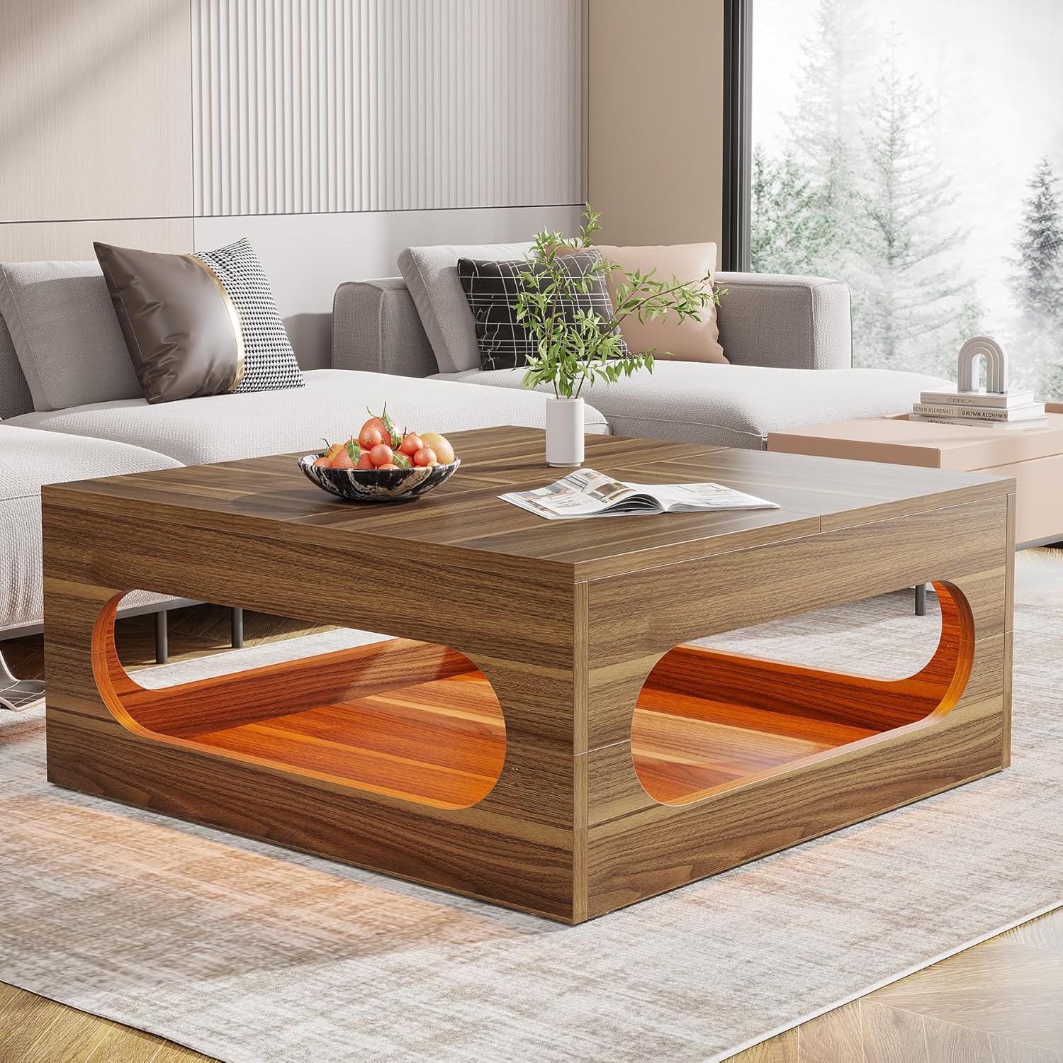 Tribesigns 43-Inch Coffee Table with LED Light, Square Coffee Table with Storage, Wood Cocktail Table