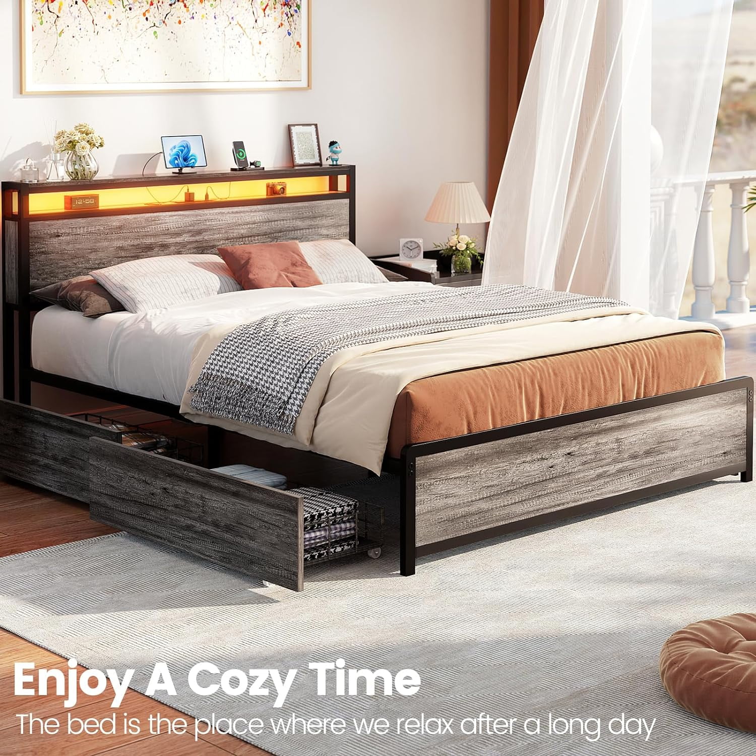 Homieasy Queen Size Bed Frame with LED Lights and 4 Storage Drawers, Industrial Platform Bed with Headboard and Charging Station, Steel Slat Support