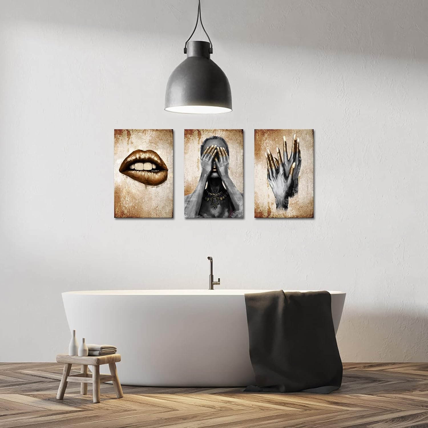 LevvArts 3 Piece African American Wall Art Fashion Black Woman with Golden Lip Nail Painting Poster Canvas Print for Home Beauty Room Bedroom Salon