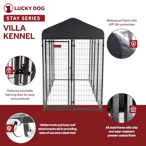Stay Series 4 by 4 by 4.3 Feet Studio Jr. Black Powder Coat Steel Frame Outdoor Dog Kennel with Waterproof Canopy Roof and Gate Door, Khaki