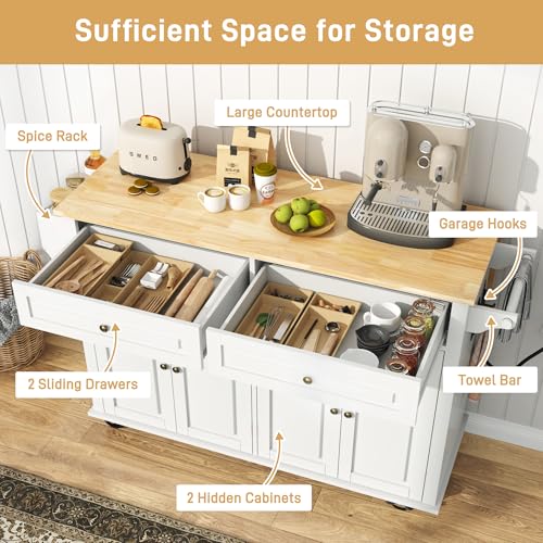 55" Movable Kitchen Island with Drop Leaf and Power Outlet, Rolling Island Cart w/Storage Cabinet, Island Table on Wheels for Kitchen w/2 Drawers