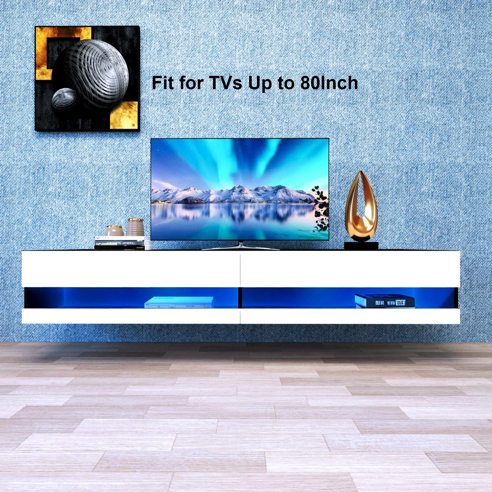 Floating TV Stand Wall Mounted with LED Lights, Floating TV Cabinet for 80 Inch TV