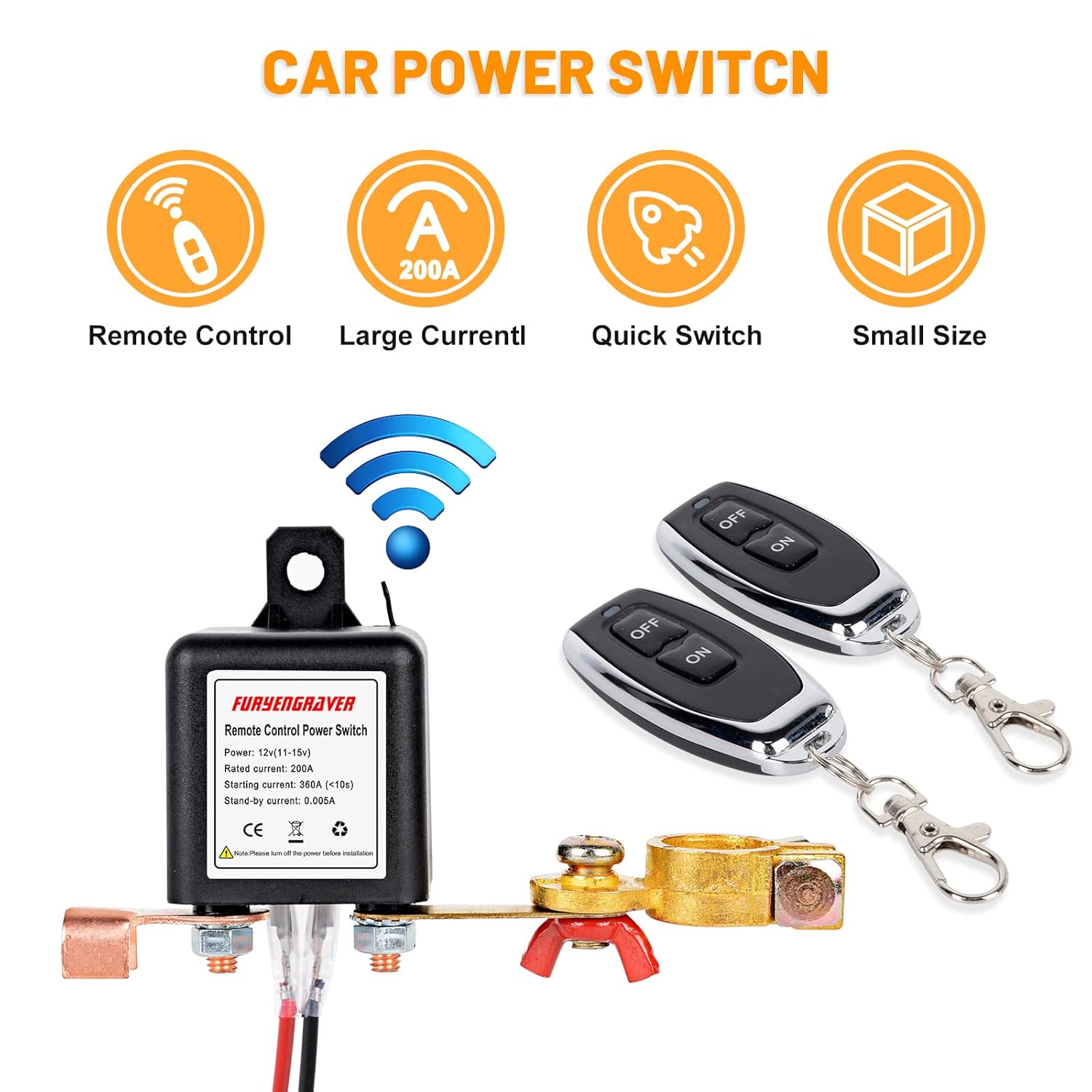 Remote Control Battery Disconnect Switch Kill Switch for Car with 2 Keys Anti-Theft DC12V 200A Electromagnetic Solenoid Valve Terminal