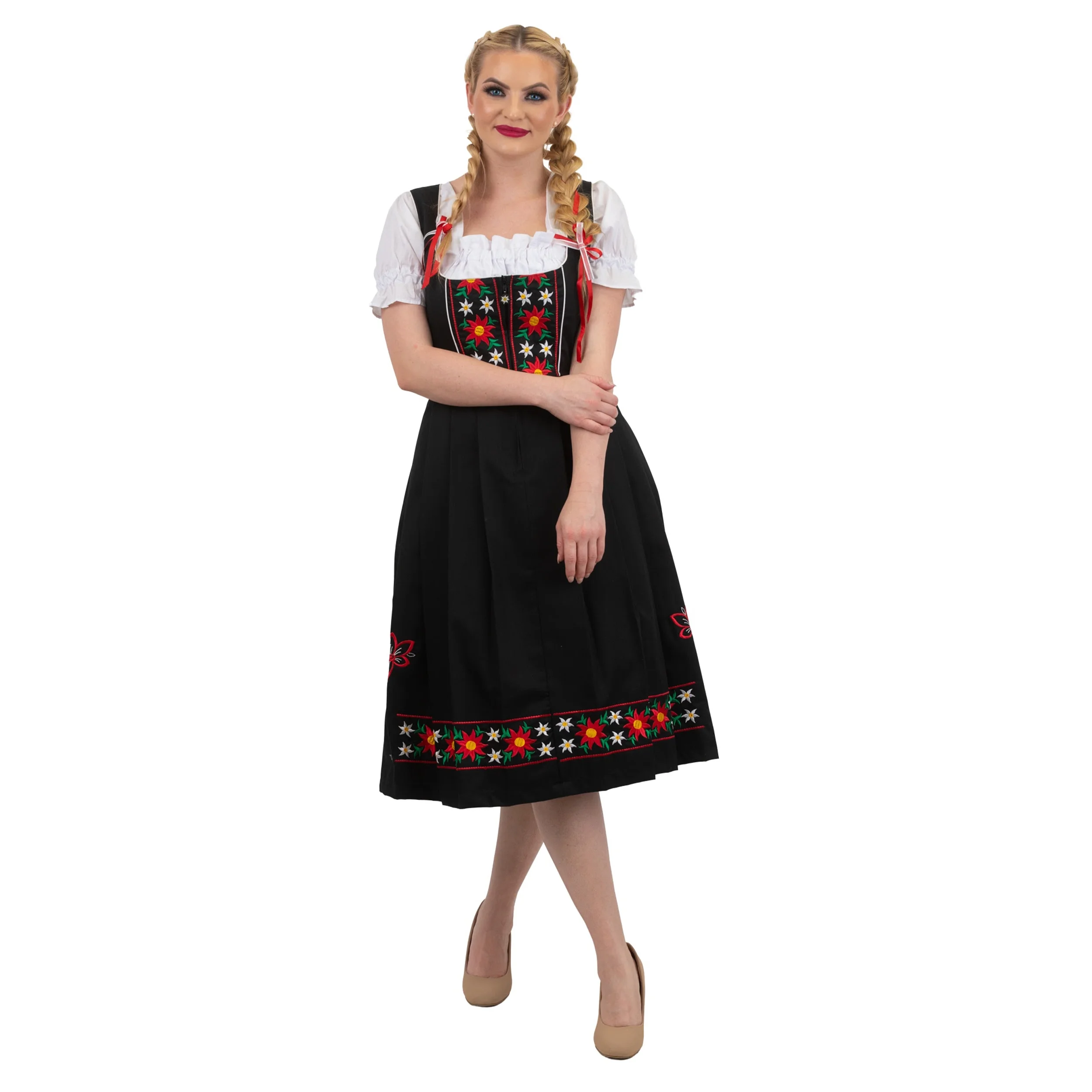 Dirndl Trachten Haus 3 Piece Long German Oktoberfest Dirndl Cotton Dress for Womens and Girls - Black
