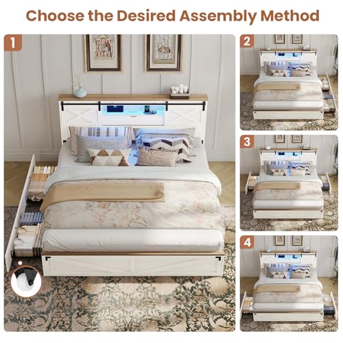 Hasuit Farmhouse Bed Frame California King Size with Storage Bookcase Headboard, Wooden Cal King Bed with LED Lights, Charging Station, 2 Drawers