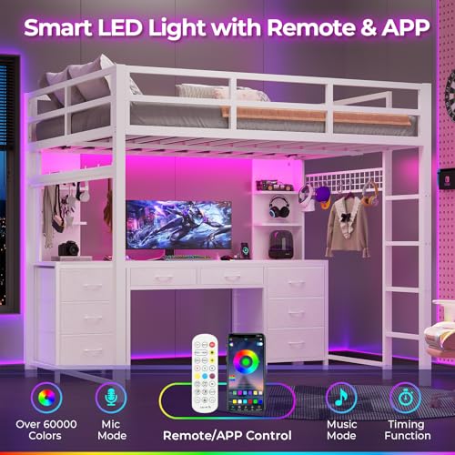 ADORNEVE Full Size Loft Bed with Desk and 8 Storage Drawers, Metal Loft Beds Full with LED Lights & Charging Sation
