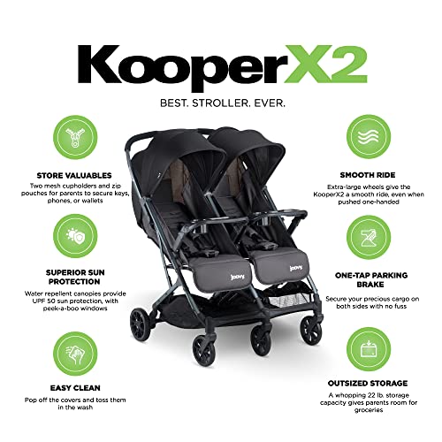Joovy Kooper X2 Side-by-Side Double Stroller Featuring Dual Snack Trays, One-Handed Fold, Multi-Position Reclining Seats, Adjustable Leg Rests