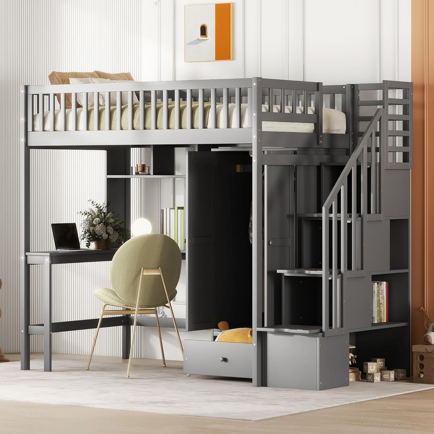 Twin Size Loft Bed with Bookshelf Drawers Desk and Wardrobe Grey Modern Contemporary Unisex Nature Space MDF Pine Wood Finish Includes Hardware