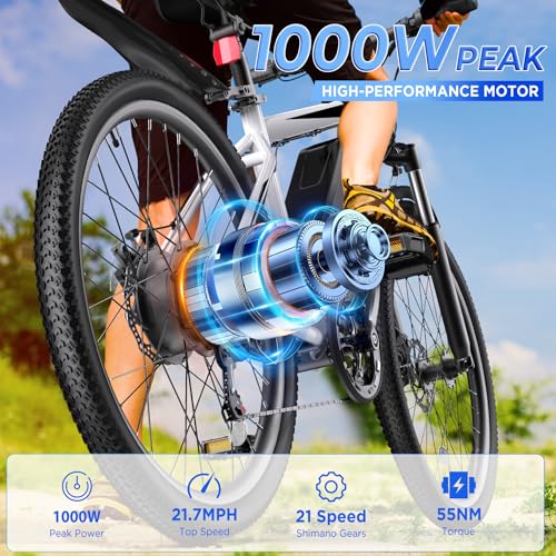 Electric Bike for Adults, 26'' 1000W Peak Ebike, Up to 50 Miles 21.7MPH Electric Mountain Bike with 48V 374.4WH Removable Battery, Adjustable Stem