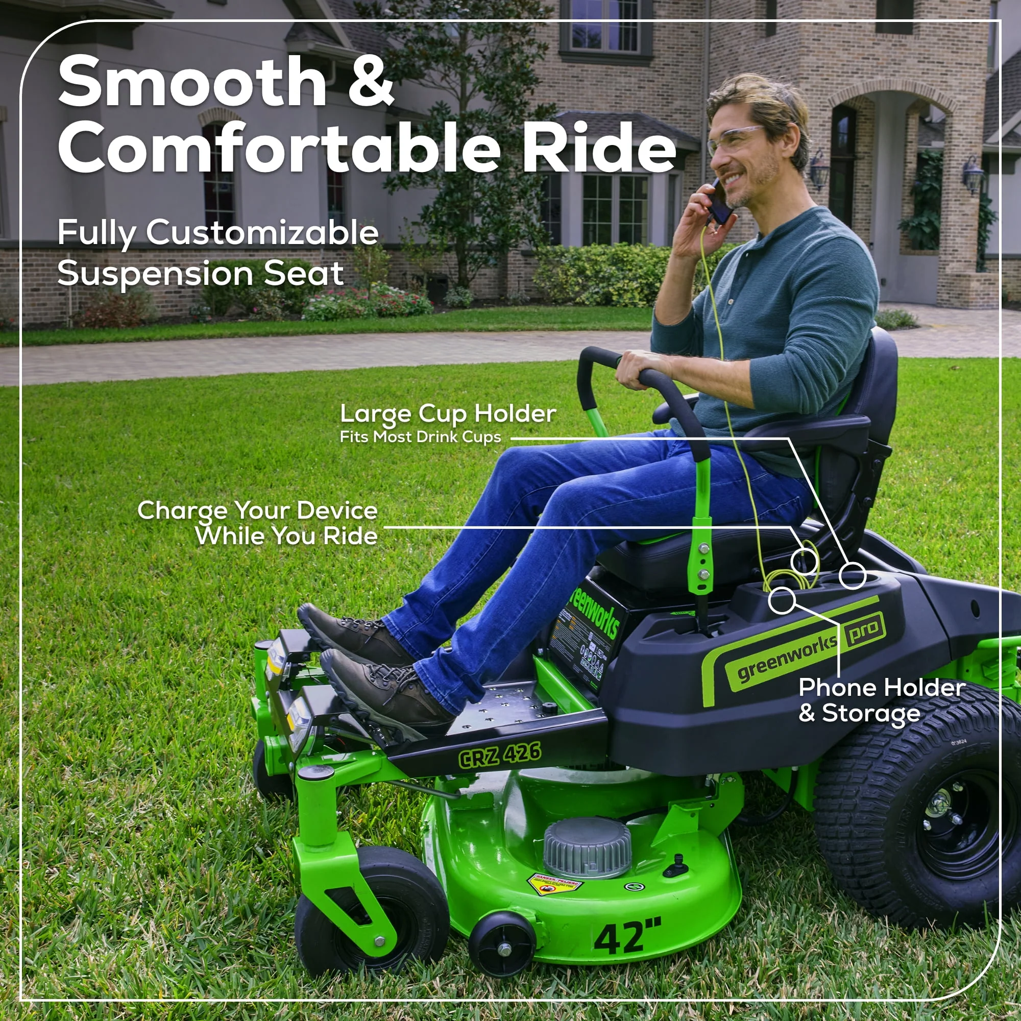 Greenworks 60V 42” Cordless Battery Crossover-Z Zero Turn Riding Lawn Mower + (6) 8Ah Batteries & (3) Dual Port Turbo Chargers 7409302