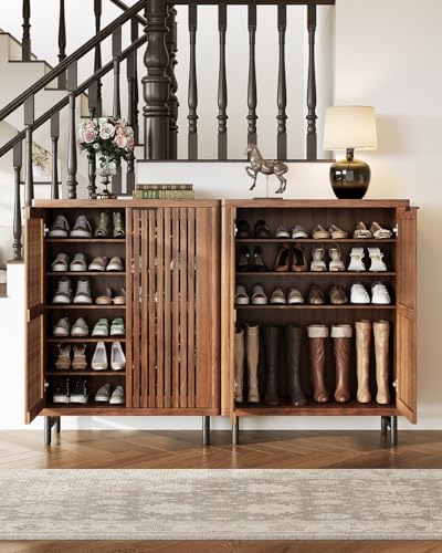 LITTLE TREE 6-Tier Shoe Cabinet with Doors for Up to 24 Pairs, Large Wooden Shoe Storage Cabinet with Adjustable Shelves