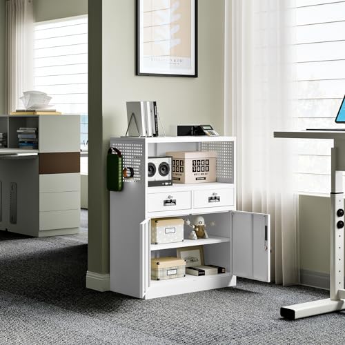 Yizosh Locking Cabinet with 2 Drawers, Metal Storage Cabinet with Locking Doors and Shelves - 41.3" Steel Lockable Storage Cabinet