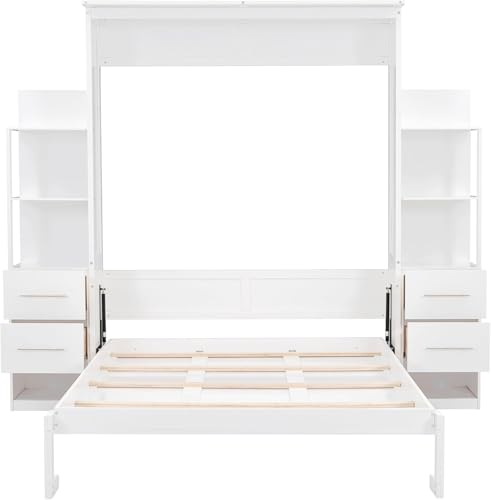 MERITLINE Queen Murphy Bed with Storage Drawers,LED Lights and Shelves,Wood Murphy Wall Bed Cabinet for Adults (White)