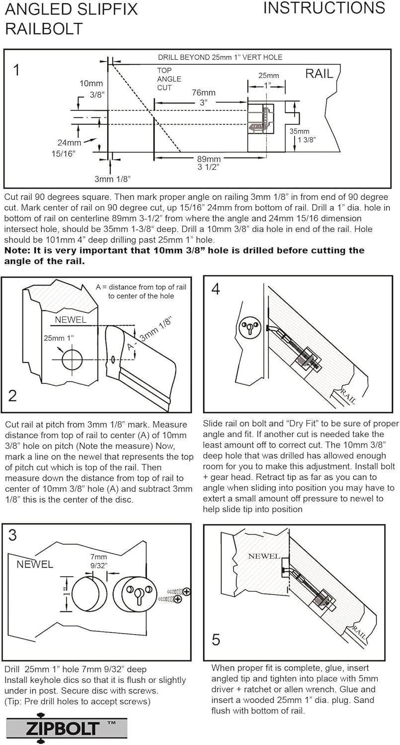 Zipbolt 13.960 Angled Slipfix Railbolt - Angled Staircase Handrail or Banister to Newel Post Connector (Upper Connection) - 1 Pack