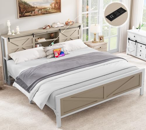 YITAHOME Farmhouse Queen Size Bed Frame with Headboard, Bookcase Storage Shelves, Sliding Barn Door, Charging Station, Rustic Wood Platform Bed