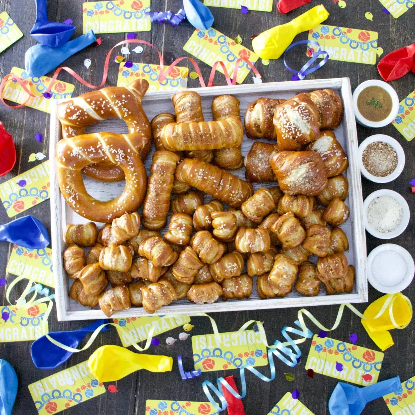 Ultra "ngratulations" Gourmet Gift Box, Artisanal Soft Pretzel Snack Pack, With Gourmet Sauce & Toppings