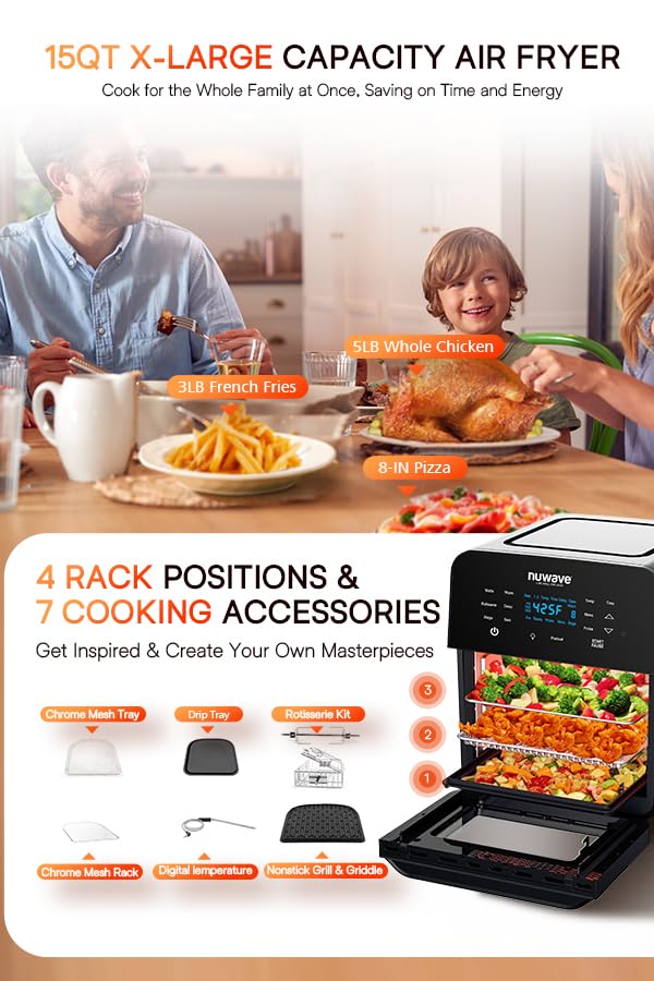 Nuwave Brio 15.5Qt Air Fryer Rotisserie Oven, X-Large Family Size, Powerful 1800W, 4 Rack Positions, 50°-425°F Temp Controls, 100 Presets & 50 Memory