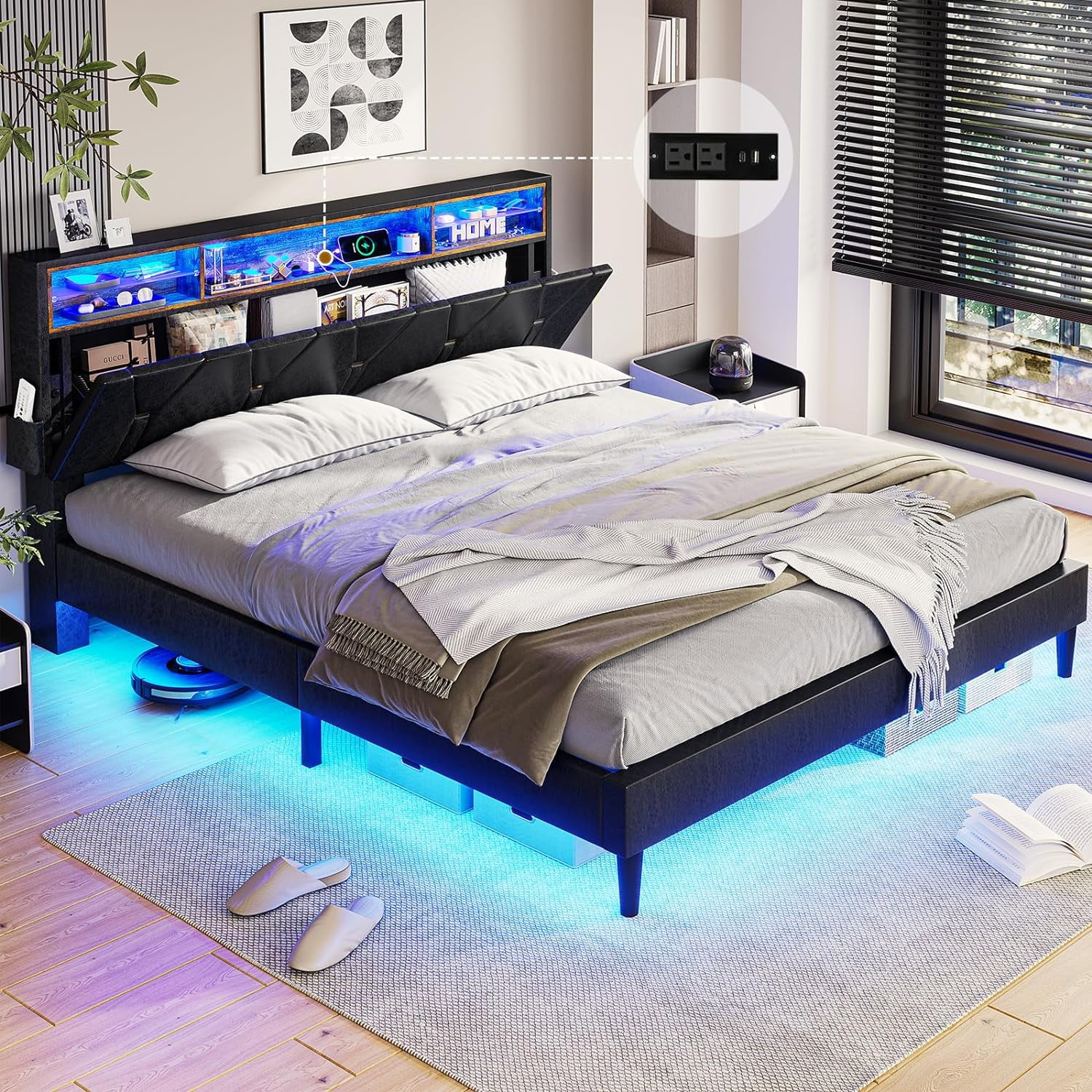 Full Size LED Bed Frame with Upholstered Storage Headboard,Platform Bed with Charging Station and LED Lights,Adjustable Headboard