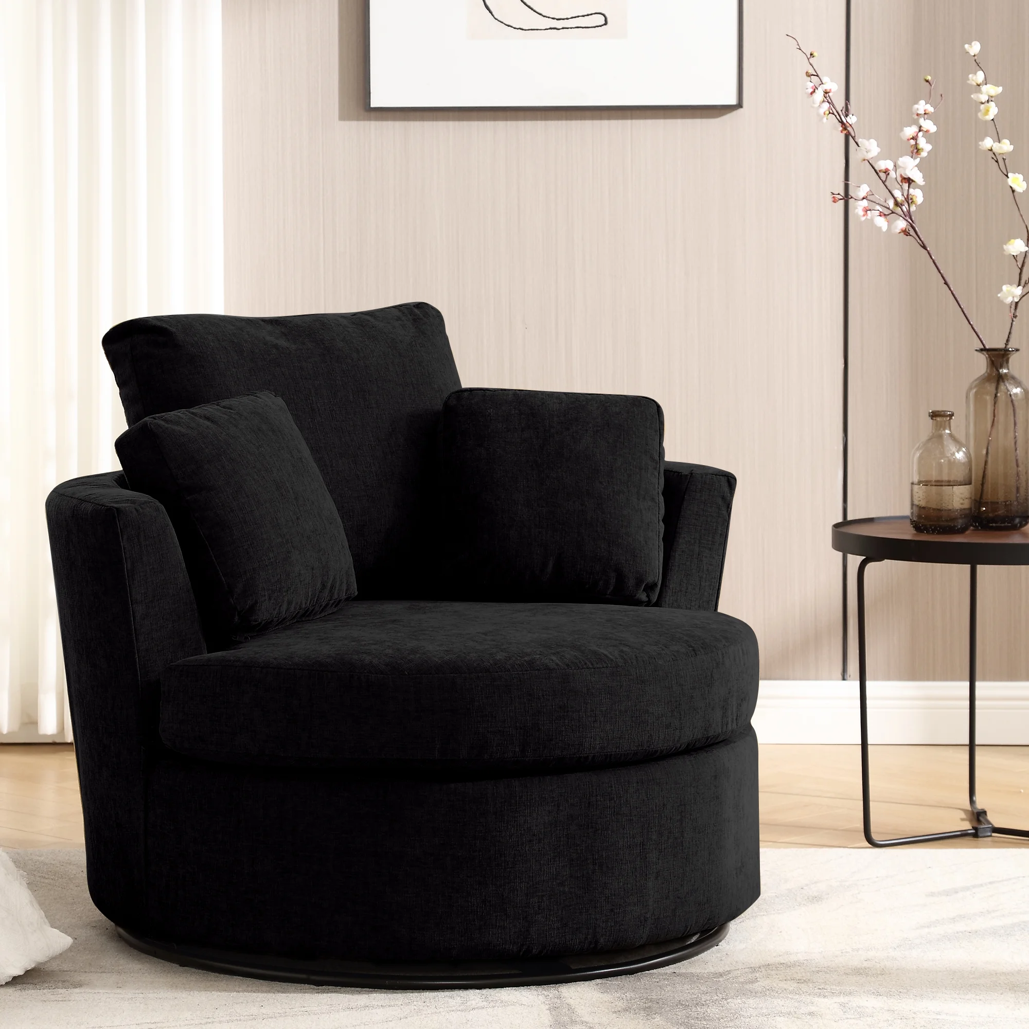 Muumblus Chenille Swivel Accent Chair Barrel Chair, Oversized Comfy Armchair with Pillows, Modern Leisure Sofa Chair for Living Room Bedroom, Black
