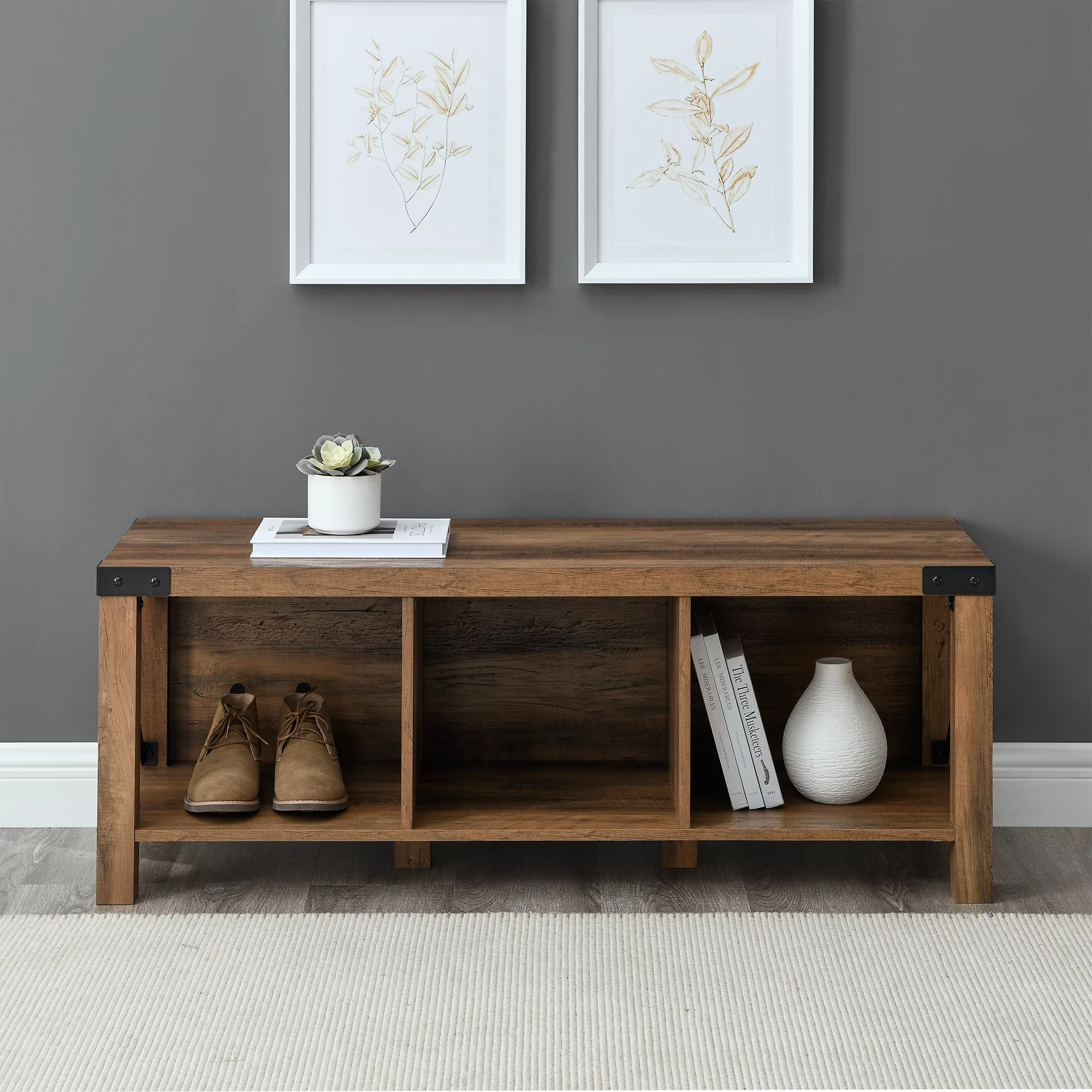 Walker Edison Rustic Farmhouse Entryway Storage Bench, Brown