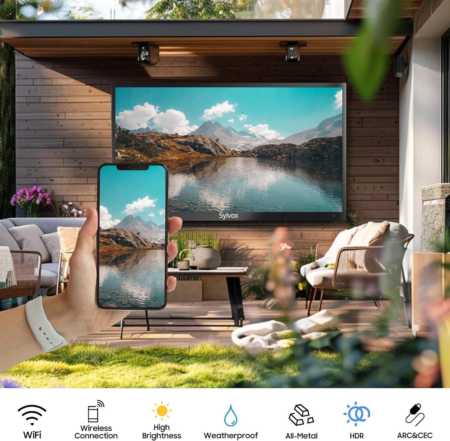 SYLVOX 43'' Outdoor Google TV Waterproof 4K QLED Television, Built-in Chromecast Voice Assistant 15W Stereo Surround Panoramic Sound