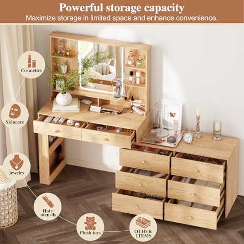 Large Makeup Vanity Desk with Mirror and Lights, Vanity Desk with 8 Drawers & Storage Shelves, Vanity Table with Power Outlet
