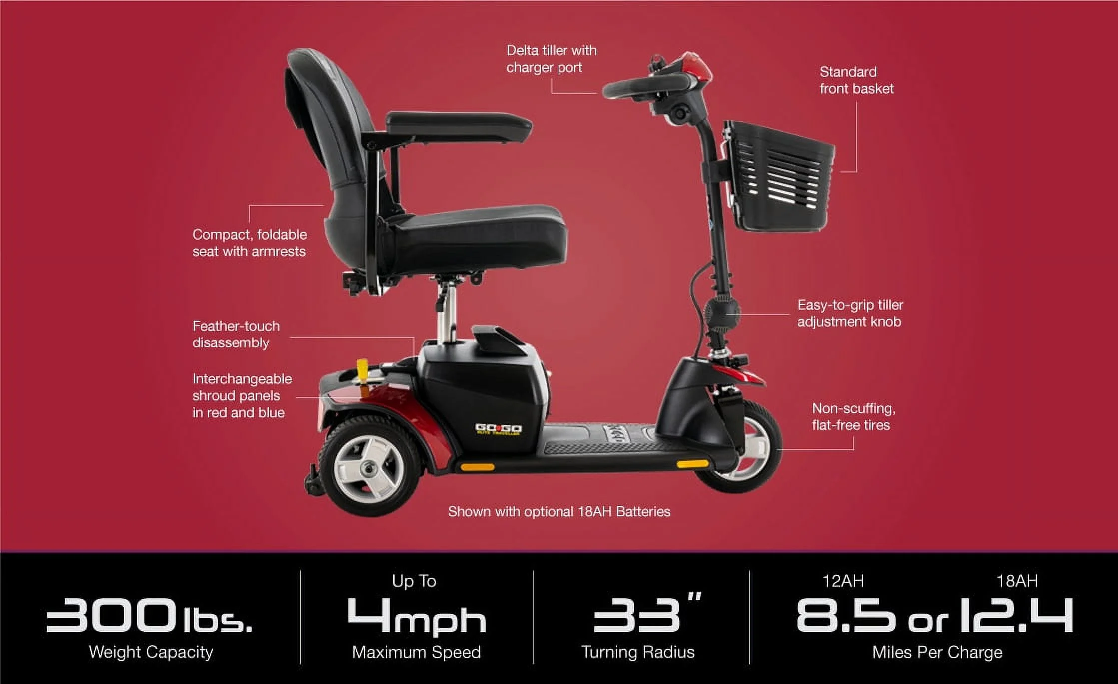 Pride Go-Go Elite Traveller 3-Wheel Scooter, 12 AH Battery, with Available Extended Warranty