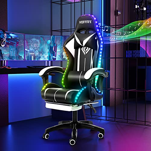 HOFFREE RGB Gaming Chair with Speakers Massage Computer Gaming Chair with LED Lights and Footrest High Back Video Game Chair for Adults Blue and Black