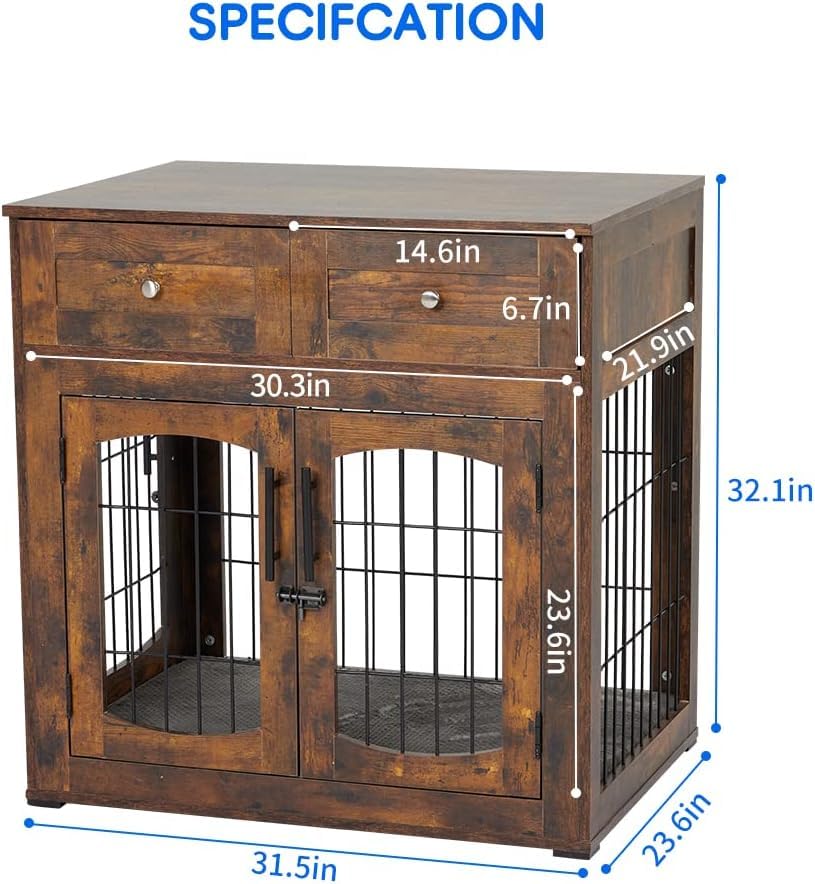Dog Crate Furniture with Cushion,Wooden Dog Kennels Indoor with 2 Drawers,Dog Furniture Crate End Table with Storage