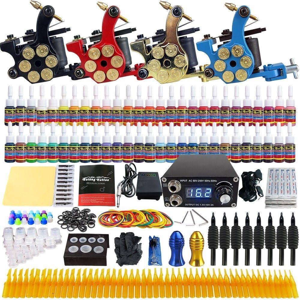 Solong Tattoo Complete Tattoo Kit 4 Pro Machine Guns 54 Inks Power Supply Foot Pedal Needles Grips Tips TK458 - Megean