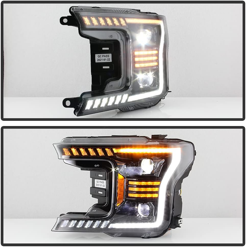 ACANII - For 2018-2020 Ford F150 Black LED Tube w/Sequential Signal LED Projector Headlights Headlights Set Left+Right