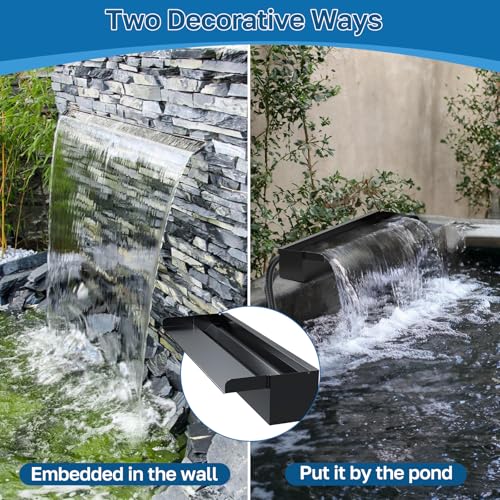 POPOSOAP 24 Inch Pond Waterfall Spillway with 1200GPH Pump, 304 Stainless Steel Waterfall Kit with 9.8FT Corrugated Tube