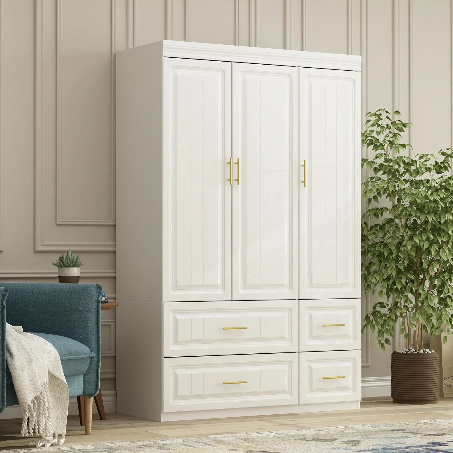 Large Wooden Wardrobe Armoire with Raised Panel Closet Storage Cabinet 74.2"H