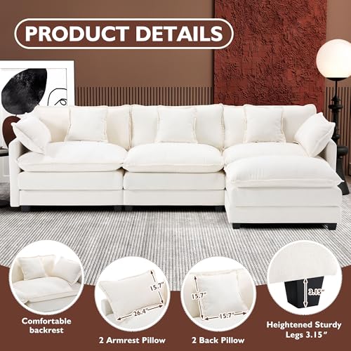 Ihanherry 111.4" U Shaped Modern Cloud Sofa Modular Sectional Couch with 2 Ottoman, 5-Seat Chenille Deep Seat Sofa with Pillow for Living Room