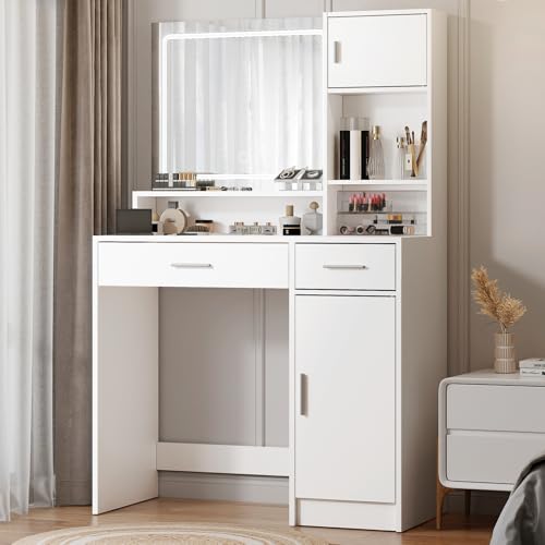Vanity Desk with Mirror and LED Light Strip,Dressing Table with Large Drawer, 3 Level Storage Dresser & 3 Lighting Modes Adjustable Brightness
