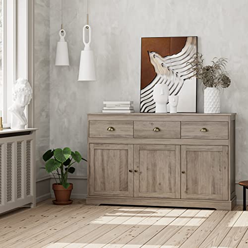 Keyluv White Buffet Cabinet Storage Sideboard Farmhouse Server Bar Wine Cabinet with 3 Drawers & 3 Doors Adjustable Shelves Console Table for Dining