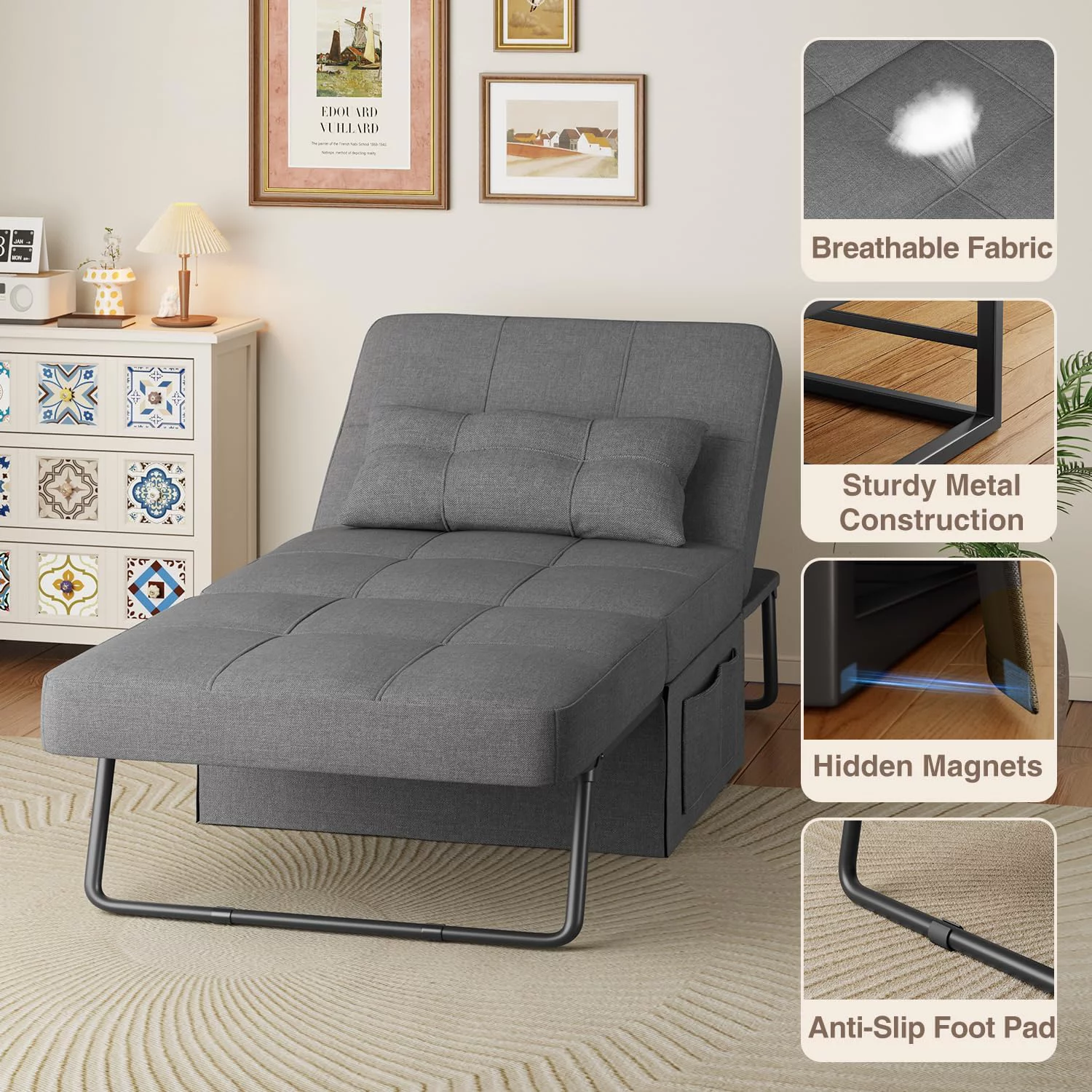 4 in 1 Sofa Bed, Sleeper Chair Bed Convertible Chair, Assembly-Free Sofa Chair Bed with Adjustable Backrest Breathable Linen