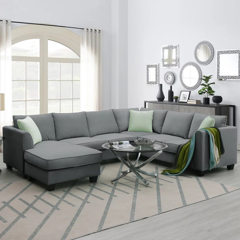 112*87" Sectional Sofa Couches Living Room Sets 7 Seats Modular Sectional Sofa with Ottoman L Shape Fabric Sofa Corner Couch Set with 3 Pillows,Grey