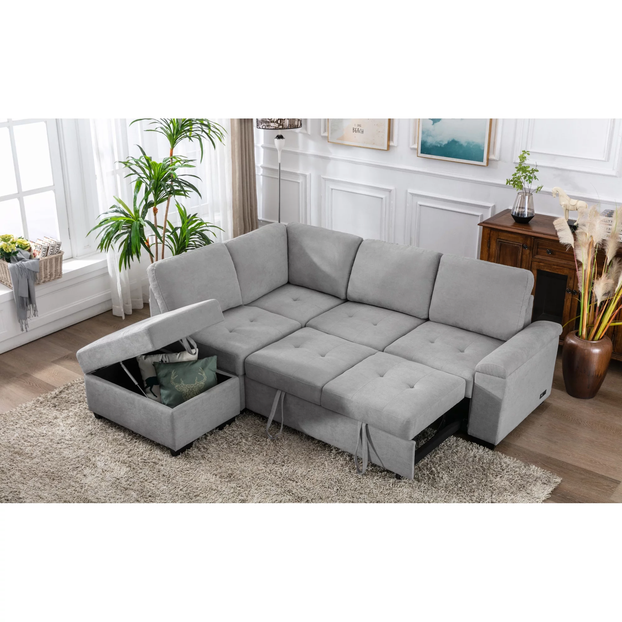 Sleeper Sectional Sofa, L-Shape Corner Couch Sofa-Bed with Storage Ottoman & Hidden Arm Storage & USB Charge for Living Room Apartment, Gray