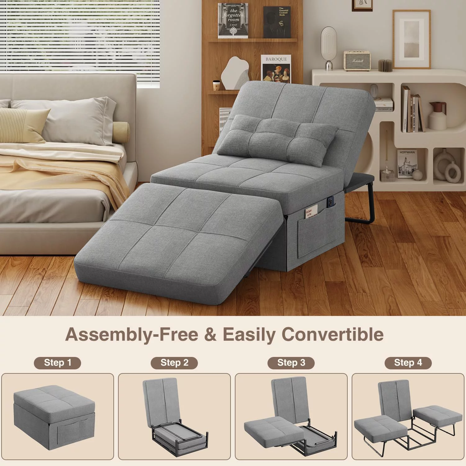 4 in 1 Sofa Bed, Sleeper Chair Bed Convertible Chair, Assembly-Free Sofa Chair Bed with Adjustable Backrest Breathable Linen