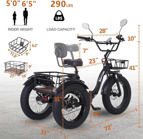 Electric Tricycle for Adults, 750W(Peak 1350W), 48V13Ah Ebike, 20"x4.0" Aluminum Folding Fat Tire 3 Wheel Electric Trike, Max 20MPH Hydraulic Brake