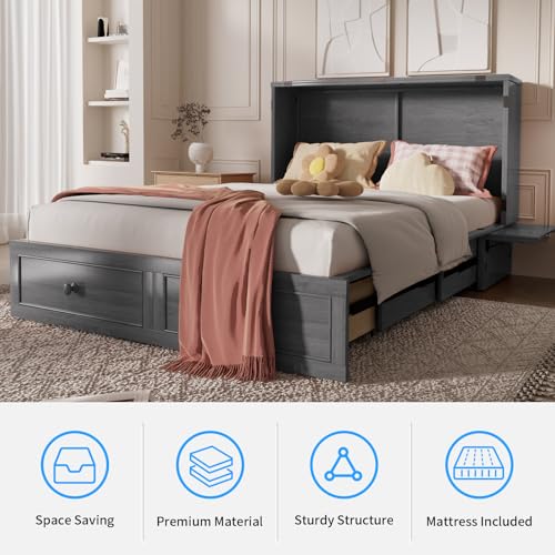 PUREMIND Queen Murphy Bed with Storage Drawers, Camas Con Colchon Incluido, Hideaway Chest Beds with Built-in Charging Station